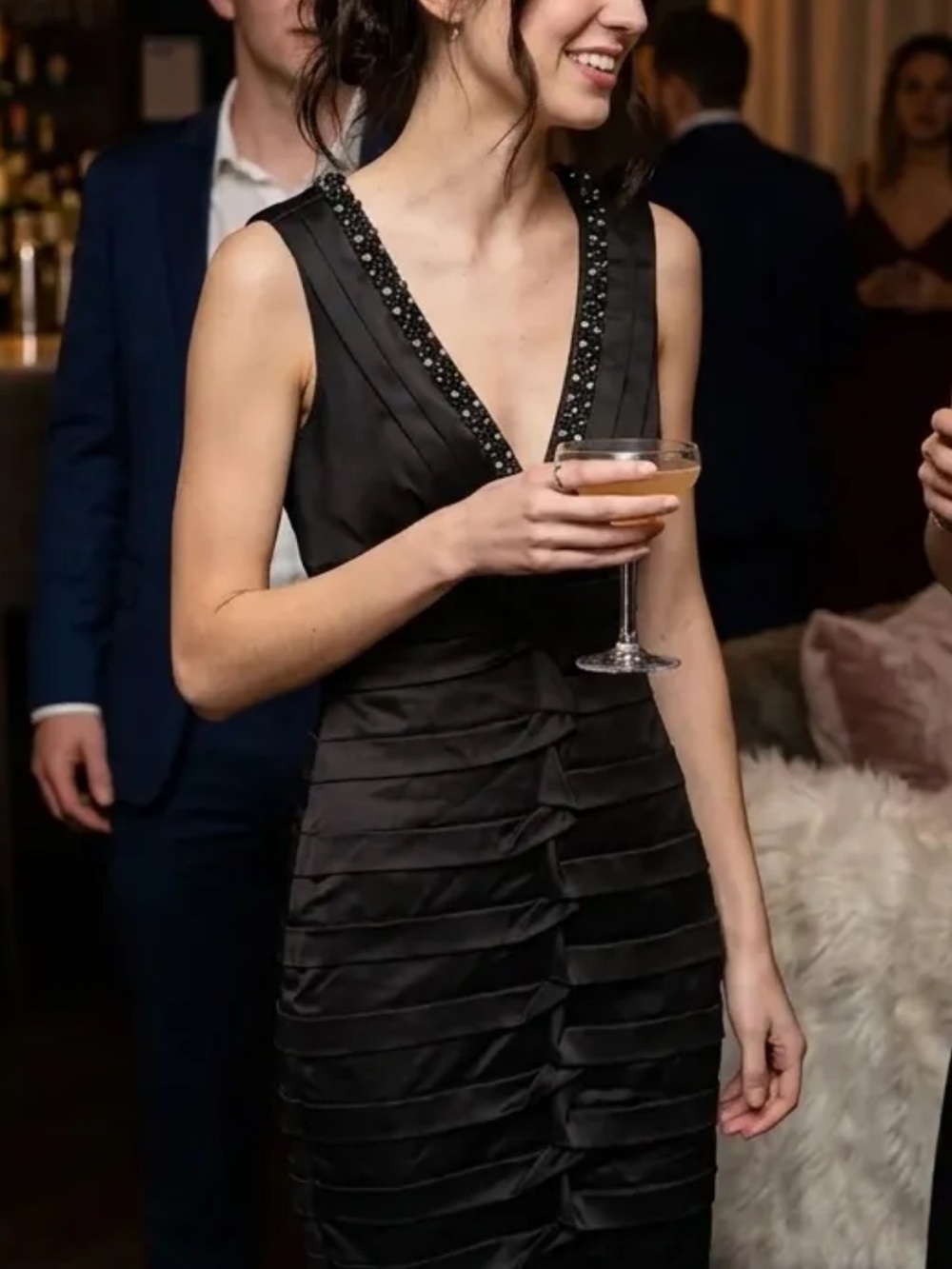 Cache Black Beaded V-Neck Midi Dress